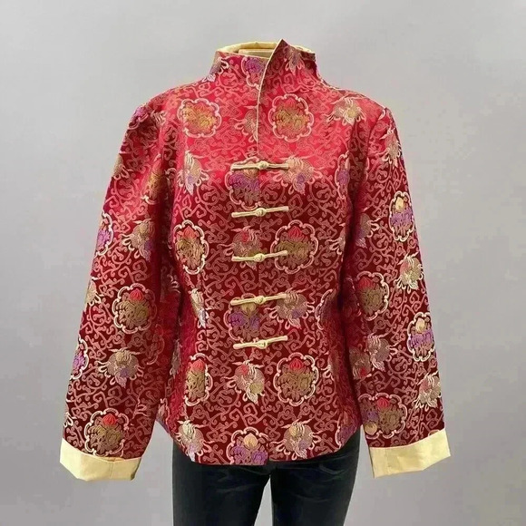 Authentic Chinese Silk Jacket Red Gold Embroidered Toggle Satin Like New - Picture 1 of 13